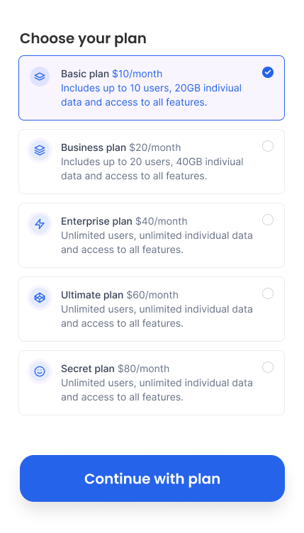 Choose plan UI